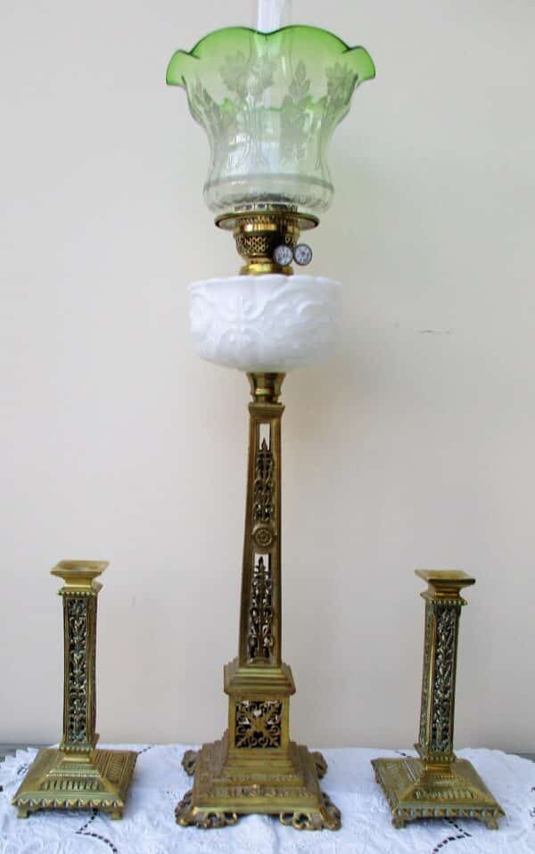 Anglo-French Oil Lamp and Candlestick Garniture