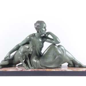 Art Deco Sculpture lady and Panther by Armand Godard c 1930 Antique Art