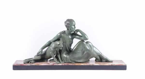 Art Deco Sculpture lady and Panther by Armand Godard c 1930