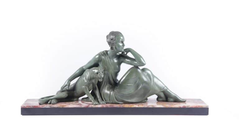 Art Deco Sculpture lady and Panther by Armand Godard c 1930