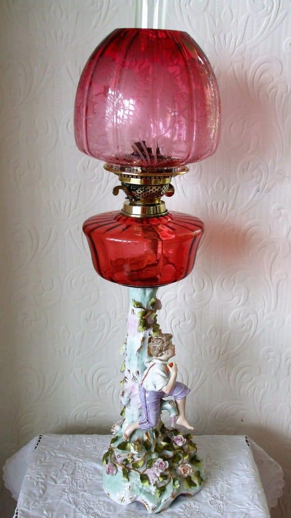 Antique German Victorian Porcelain and Cranberry Glass Oil Lamp ~ Von Schierholz of Plaue Antique Antique Lighting 4