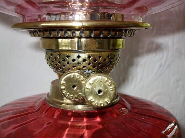 Antique German Victorian Porcelain and Cranberry Glass Oil Lamp ~ Von Schierholz of Plaue Antique Antique Lighting 11
