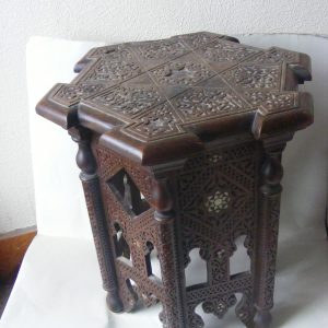 Beautiful & Rare Moorish PETITE Alhambra carved inlaid table Calligraphy c1900 Islamic Liberty & Company style Alhambra Antique Tables
