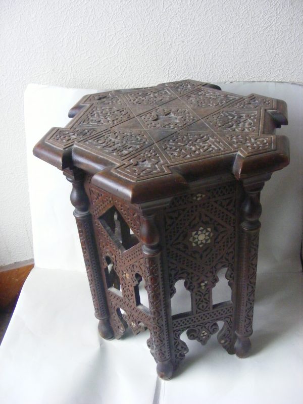 Beautiful & Rare Moorish PETITE Alhambra carved inlaid table Calligraphy c1900 Islamic Liberty & Company style