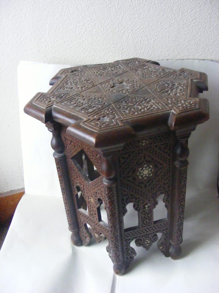 Beautiful & Rare Moorish PETITE Alhambra carved inlaid table Calligraphy c1900 Islamic Liberty & Company style