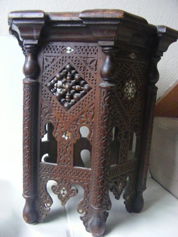 Beautiful & Rare Moorish PETITE Alhambra carved inlaid table Calligraphy c1900 Islamic Liberty & Company style - Image 2