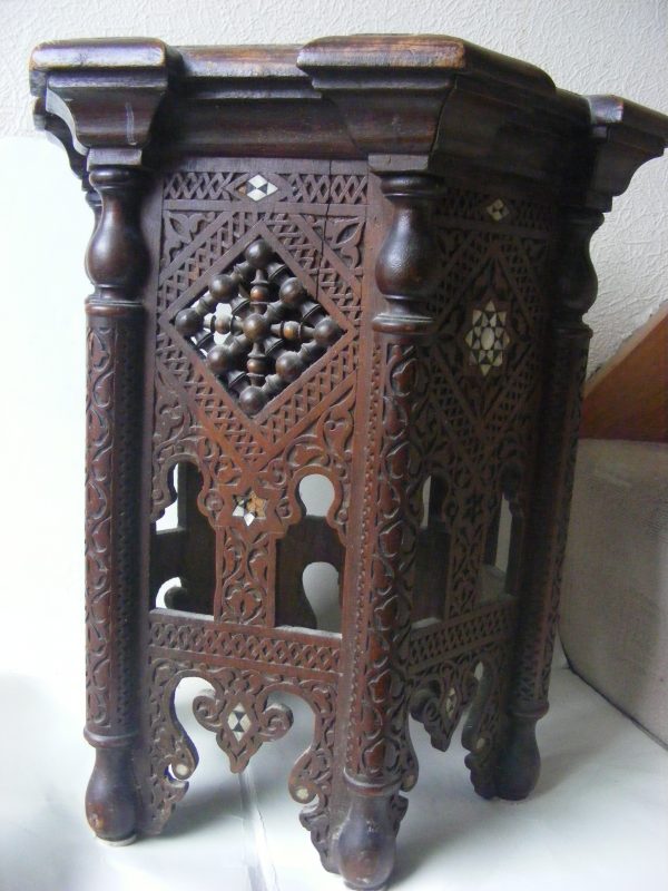 Beautiful & Rare Moorish PETITE Alhambra carved inlaid table Calligraphy c1900 Islamic Liberty & Company style Alhambra Antique Furniture 4