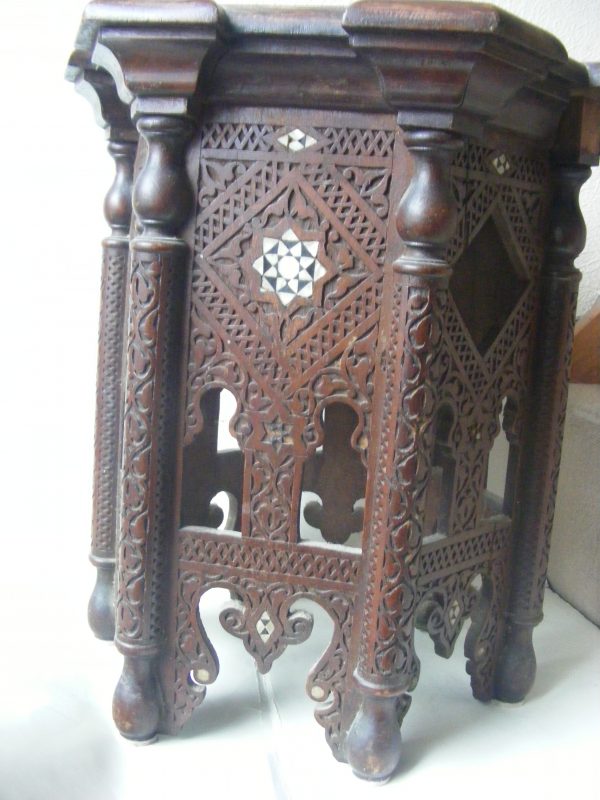 Beautiful & Rare Moorish PETITE Alhambra carved inlaid table Calligraphy c1900 Islamic Liberty & Company style Alhambra Antique Furniture 5