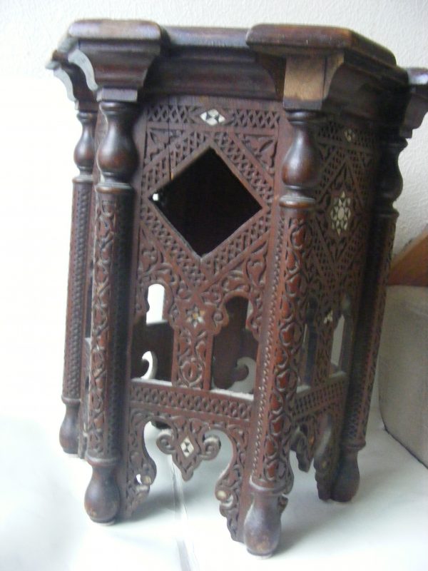 Beautiful & Rare Moorish PETITE Alhambra carved inlaid table Calligraphy c1900 Islamic Liberty & Company style - Image 4