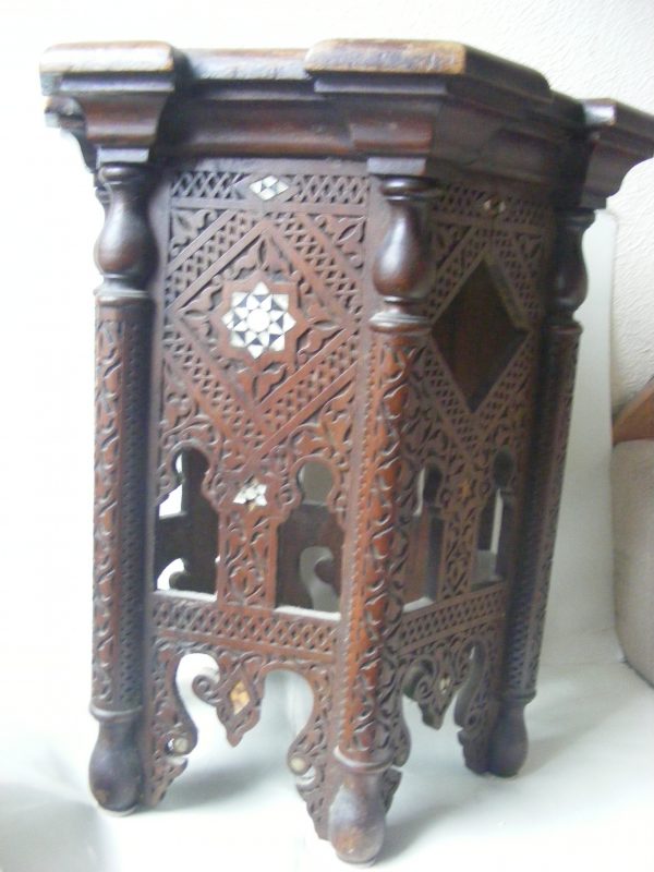 Beautiful & Rare Moorish PETITE Alhambra carved inlaid table Calligraphy c1900 Islamic Liberty & Company style - Image 5