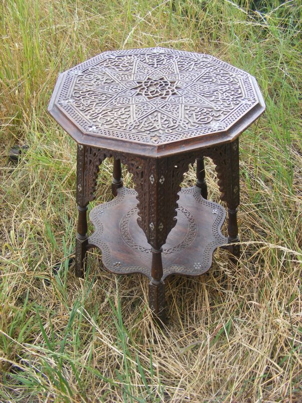 Exquisite & Rare DECAGONAL Moorish Alhambra carved table Calligraphy c1890 Islamic