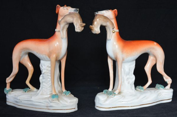 Pair of Staffordshire Greyhounds animals Antique Ceramics 3