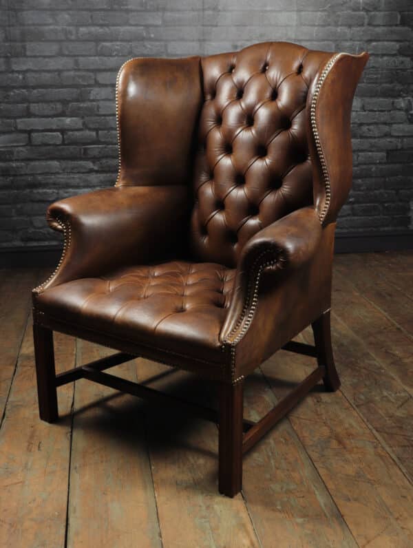 Georgian Style Brown Buttoned Leather Wing Chair Antique Chairs 4