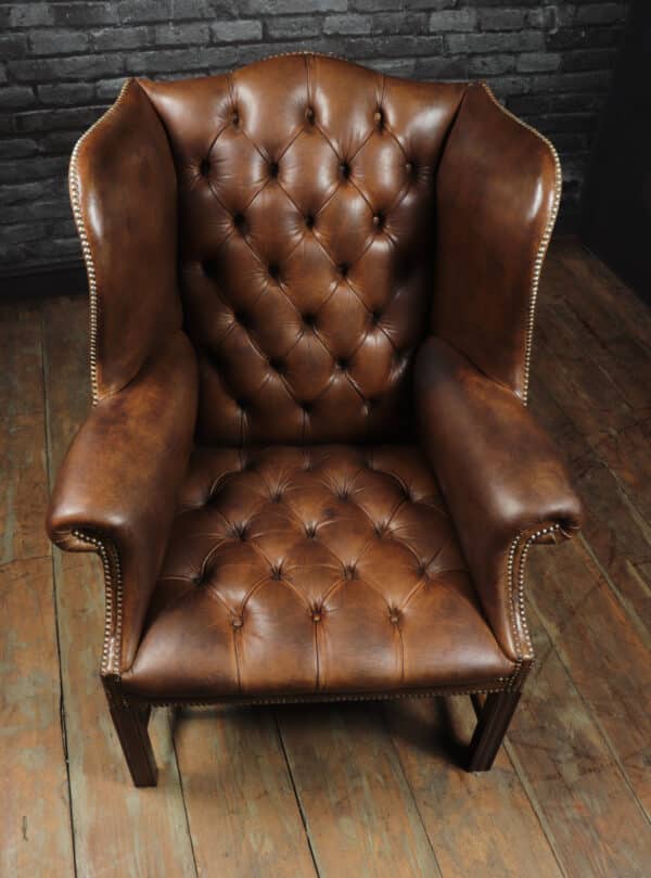 Georgian Style Brown Buttoned Leather Wing Chair Antique Chairs 6