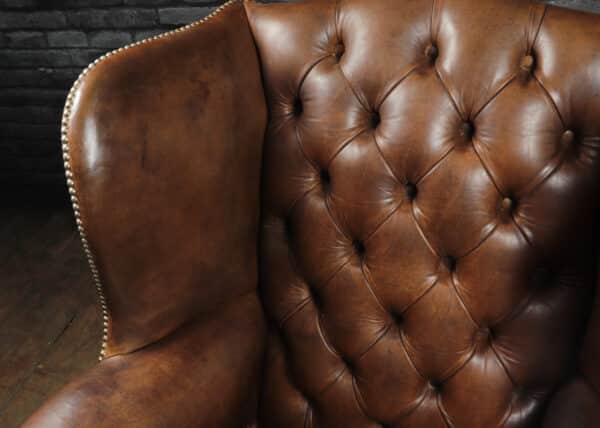 Georgian Style Brown Buttoned Leather Wing Chair Antique Chairs 8