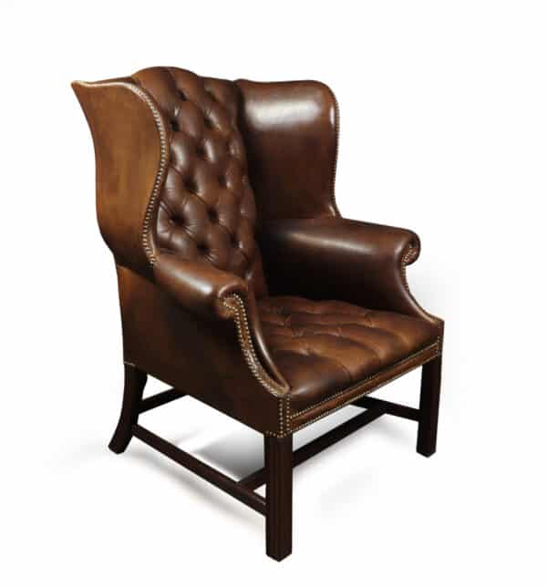 Georgian Style Brown Buttoned Leather Wing Chair Antique Chairs 3