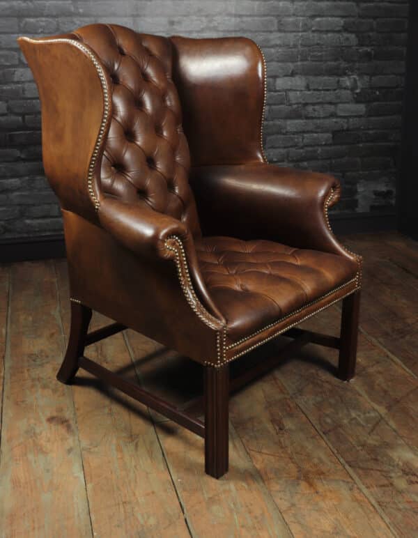 Georgian Style Brown Buttoned Leather Wing Chair Antique Chairs 11