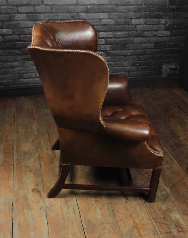 Georgian Style Brown Buttoned Leather Wing Chair Antique Chairs 12