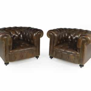 Pair of Brown Leather Chesterfield Club Chairs Antique Chairs