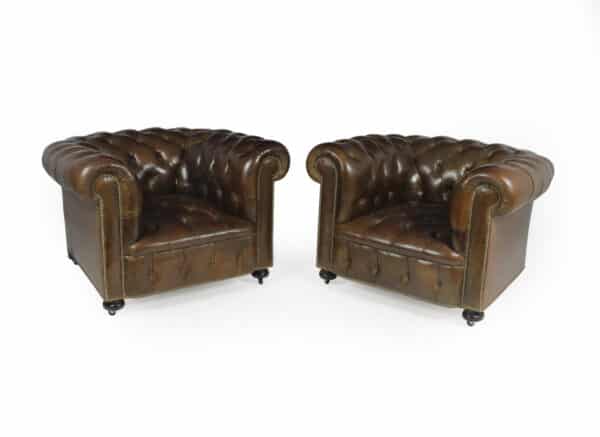 Pair of Brown Leather Chesterfield Club Chairs
