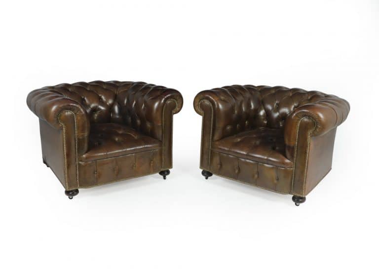 Pair of Brown Leather Chesterfield Club Chairs