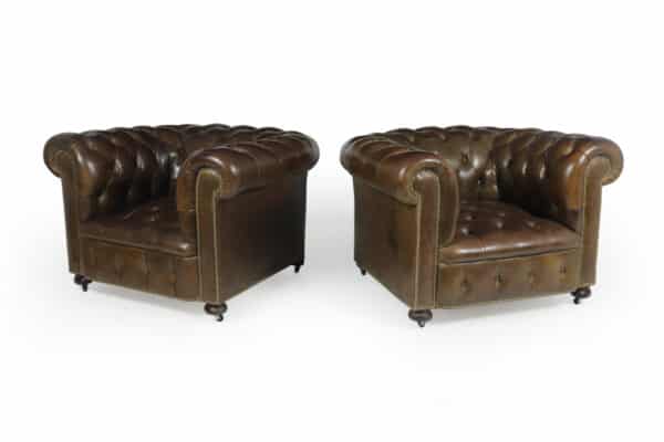 Pair of Brown Leather Chesterfield Club Chairs Antique Chairs 7