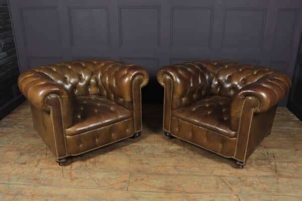 Pair of Brown Leather Chesterfield Club Chairs Antique Chairs 14