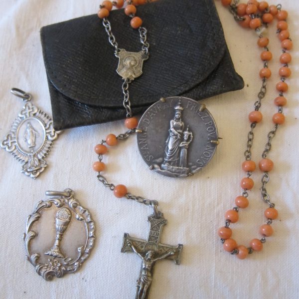 c.1910 Coral & Silver Rosary/Silver Brooch + 2 Silver Pendants