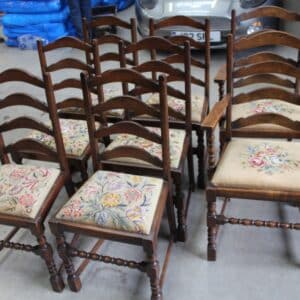 1920s Set 8 Bobbin Turned Oak Chairs in Floral Upholstery Pop out Seats Antique Antique Chairs