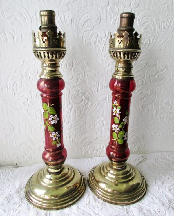 Pair of Antique English Victorian Brass and Glass Candle-lamps Antique Antique Lighting 10