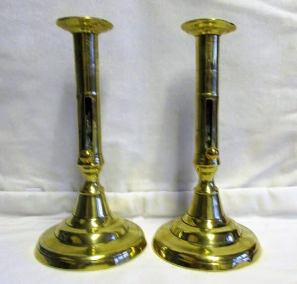 Pair of Antique English Georgian “Slide Ejector” Brass Candlesticks Antique Antique Metals 4