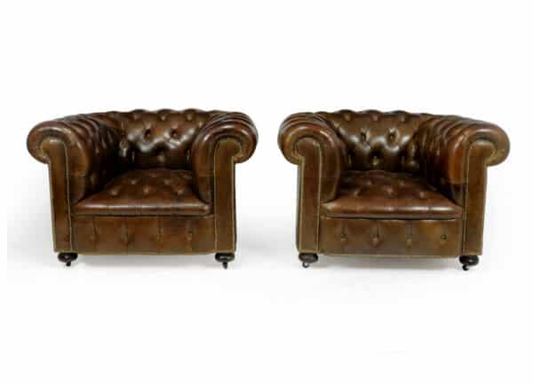 Pair of Brown Leather Chesterfield Club Chairs Antique Chairs 9