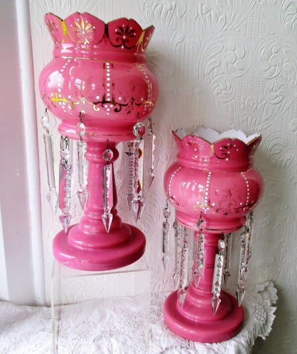 Pair of Antique English Victorian Pink Glass Lustres Antique Antique Glassware 7
