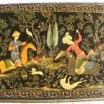 SOLD: Beautiful Persian lacquer hunting scene panel / book cover c1890 Shiraz school revival Lacquer Antique Boxes