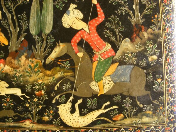 SOLD: Beautiful Persian lacquer hunting scene panel / book cover c1890 Shiraz school revival - Image 2
