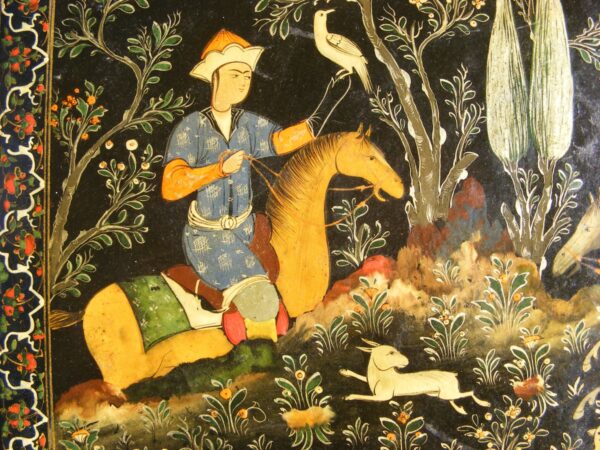 SOLD: Beautiful Persian lacquer hunting scene panel / book cover c1890 Shiraz school revival - Image 3