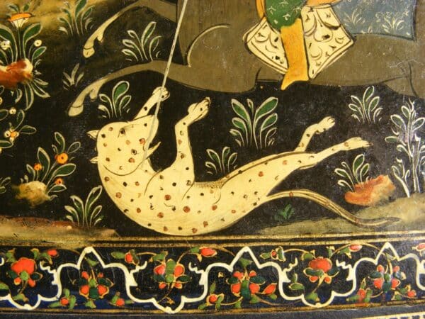 SOLD: Beautiful Persian lacquer hunting scene panel / book cover c1890 Shiraz school revival - Image 4