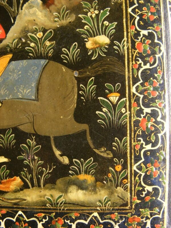 SOLD: Beautiful Persian lacquer hunting scene panel / book cover c1890 Shiraz school revival Lacquer Antique Boxes 9