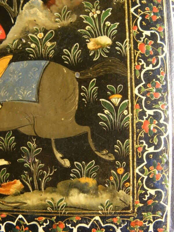 SOLD: Beautiful Persian lacquer hunting scene panel / book cover c1890 Shiraz school revival - Image 7