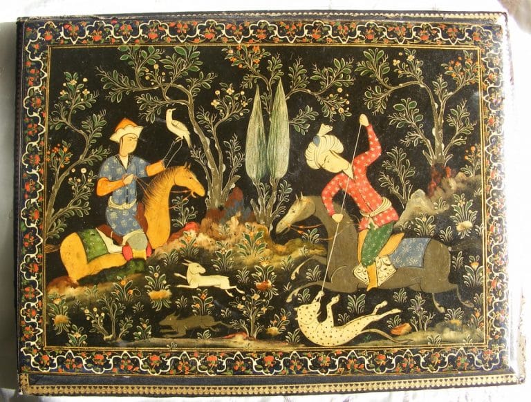 SOLD: Beautiful Persian lacquer hunting scene panel / book cover c1890 Shiraz school revival