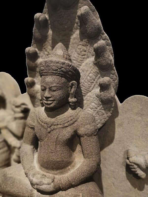 Sandstone Trinity of Naga Seated Buddha, Vishnu and Lakshmi. Antique Antiquities 5