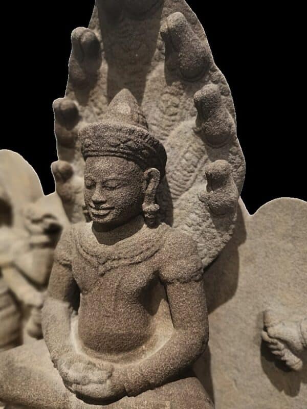 Sandstone Trinity of Naga Seated Buddha, Vishnu and Lakshmi. - Image 3