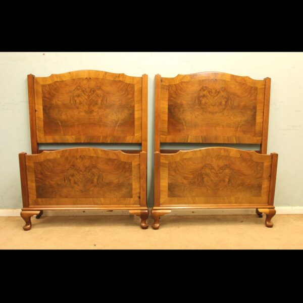 Pair Antique Figured Walnut Single Beds