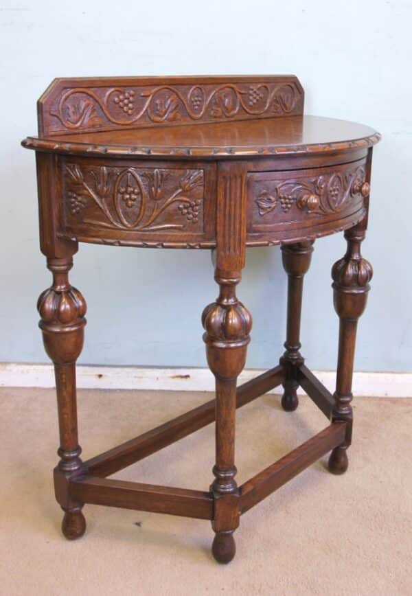 Antique Jacobean Style Carved Oak Demi Lune Side Table - Image 2