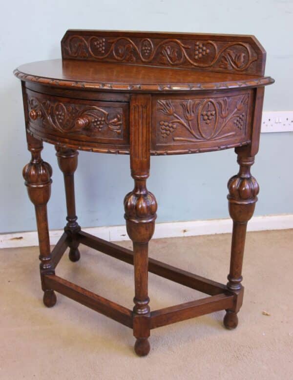Antique Jacobean Style Carved Oak Demi Lune Side Table Antique Antique Tables 5