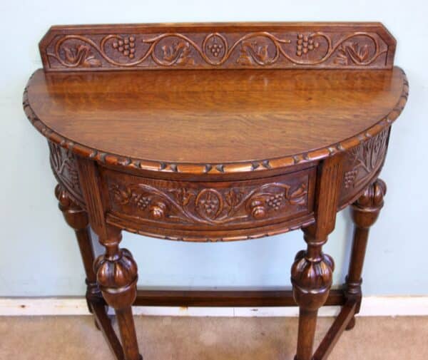 Antique Jacobean Style Carved Oak Demi Lune Side Table - Image 6