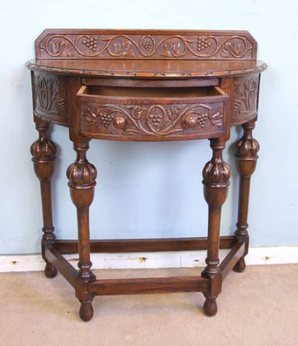 Antique Jacobean Style Carved Oak Demi Lune Side Table Antique Antique Tables 10