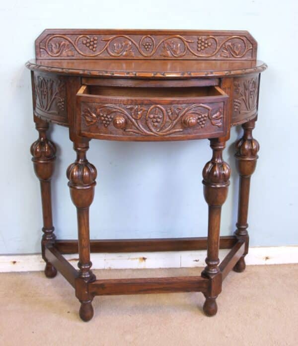 Antique Jacobean Style Carved Oak Demi Lune Side Table - Image 8