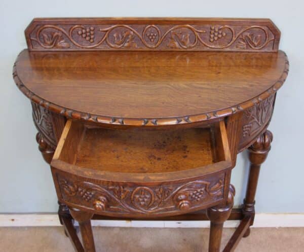 Antique Jacobean Style Carved Oak Demi Lune Side Table - Image 9