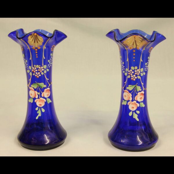 Antique Pair of Bristol Blue Glass Decorated Vases
